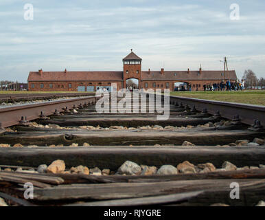 Train tracks in the Auschwitz-Birkenau concentration camp Stock Photo