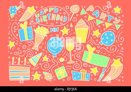 Hand-drawn set of Birthday ink doodles. Happy Birthday greeting card. Live coral background Stock Vector