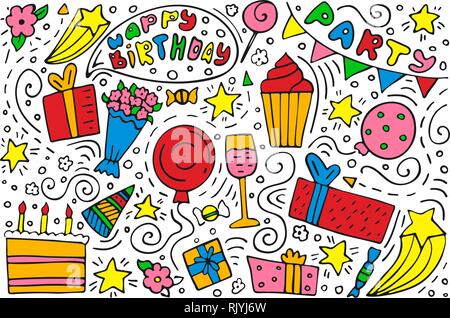 Hand-drawn set of Birthday ink doodles. Happy Birthday greeting card. Whitel background Stock Vector