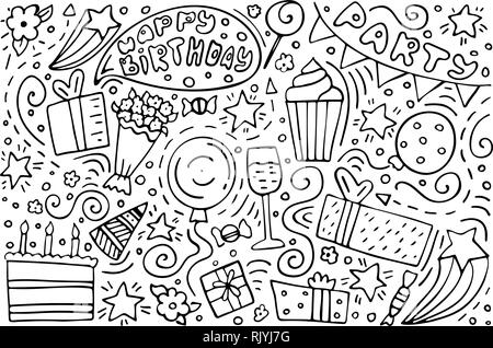 Hand-drawn set of Birthday ink doodles. Happy Birthday greeting card. Monochrome Stock Vector