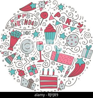 Hand-drawn set of Birthday ink doodles. Happy Birthday greeting card. Round form Stock Vector