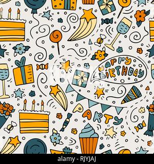Hand-drawn seamless pattern with Birthday ink doodles. Stock Vector