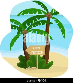 Beach landscape. Palm trees with a wooden pointer to the surf station. Flat vector illustration. Stock Vector