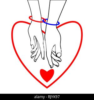 Couple of lovers and two hearts on a white background. Two rings connect the hands of loving couple. Black, white, red colors. The concept of Valentin Stock Vector