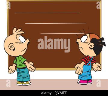 The illustration shows a boy and a girl on the background of the school board. Illustration done in cartoon style. Stock Vector