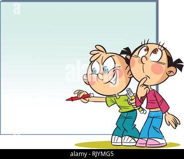 The illustration shows a boy and girl with banner. Illustration done in cartoon style, there is block for text. Stock Vector