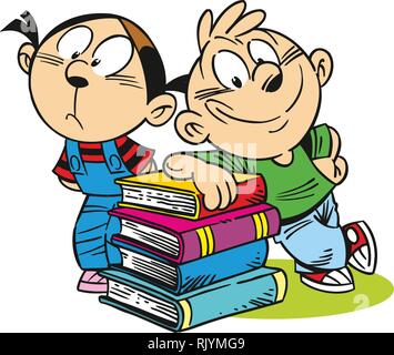 The illustration shows a boy and a girl near a pile of books. llustration done in cartoon style, isolated on white background, on separate layers. Stock Vector