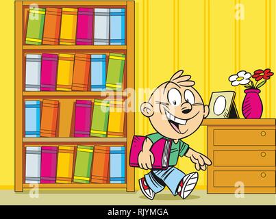 The illustration shows a boy who took the book out of the bookcase for reading. Illustration done in cartoon style, on separate layers. Stock Vector