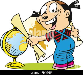 The illustration shows the girl with a map of the world  and globe. Illustration done in cartoon style on separate layers. Stock Vector