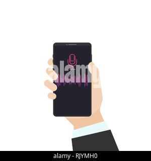 Voice assistant flat vector illustration. Human hand holding black phone with sound wave and microphone sign. Phone with voice recognition and communi Stock Vector