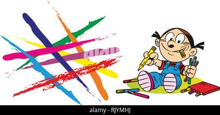 The illustration shows a cartoon girl, which draws with colored pencils Stock Vector