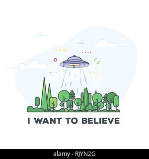 UFO in the forest enable abducting ray. Spaceship saucer flying above woods. I want to believe text. Line style vector illustration. Line style pixel  Stock Vector