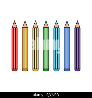 Multi set of colorful pencils in line style. Seven colors of the rainbow. A selection for school, work or creativity. Vector illustration. Stock Vector