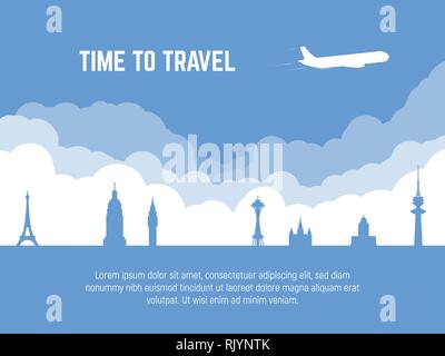 Travel banner. Plane flying over famous cities sights. Time to travel text. Flat style silhouette tourism banner. Tourism landmarks. Air journey to ot Stock Vector