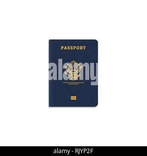 Front view of blue passport cover. Golden lines and text, bird logo and leather texture. Real passport vector illustration. International id document. Stock Vector