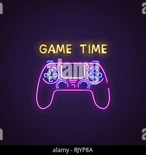 Gamepad neon sign. Glowing neon sign of modern gamepad. Game time letters glowing in retro colors. Gaming neon concept. Game night or retro party. Stock Vector