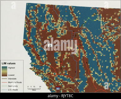 . Assessing wetland condition with GIS : a landscape integrity model for Montana . Wetlands; Wetlands; Landscape ecology; Geographic information systems; GIS-based assessment; Level I assessment; Wetland assessment; Landscape integrity. Figure 8. Northwestern Montana LIM blocks.. Please note that these images are extracted from scanned page images that may have been digitally enhanced for readability - coloration and appearance of these illustrations may not perfectly resemble the original work.. Vance, Linda K. (Katherine); Montana Natural Heritage Program; Montana. Dept. of Environmental Qua