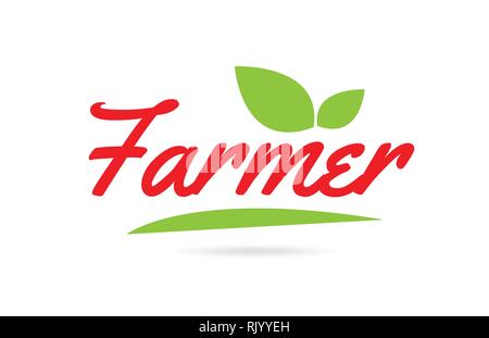 Farmer hand written word text for typography design in red color with leaf  Can be used for a logo or icon Stock Vector