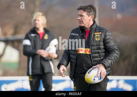Heidelberg, Germany. 04th Feb, 2019. Training of the German Rugby National Team. Headcoach Mike Ford (Germany, right), in the background co-trainer Mauritz Botha (Germany). The German 15-man national rugby team will start in Brussels against Belgium on Saturday in the European Championship round. Despite some retirements the DRV team under national coach Ford goes confidently into the trend-setting first European Championship game in the small Heysel stadium against the strong Belgians. Credit: Jürgen Kessler/dpa/Alamy Live News Stock Photo