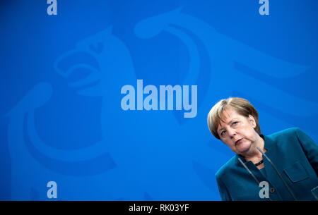 Berlin, Germany. 08th Feb, 2019. Federal Chancellor Angela Merkel (CDU) spoke at a press conference with the President of Mali, Keita, after her talks in the Federal Chancellery. Germany is involved with the Bundeswehr in the United Nations 'MINUSMA' mission and the EU-led training mission 'EUTM' in Mali. Credit: Bernd von Jutrczenka/dpa/Alamy Live News Stock Photo