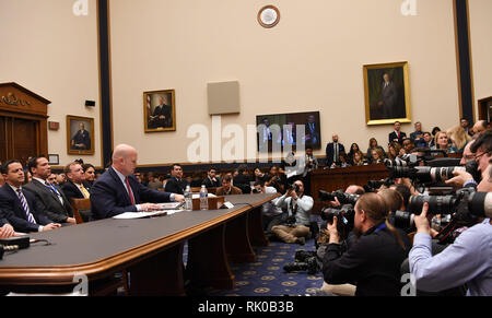 Washington, USA. 8th Feb, 2019. Matthew Whitaker, acting U.S. attorney general, testifies before U.S. House Judiciary Committee on Capitol Hill in Washington, DC, the United States, on Feb. 8, 2019. Matthew Whitaker said Friday that he has not interfered with the ongoing Russia investigation led by special counsel Robert Mueller. Credit: Liu Jie/Xinhua/Alamy Live News Stock Photo