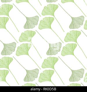 Spring pattern of hand drawn ginkgo leaves in a light green color palette on a white background. Vector illustration Stock Vector