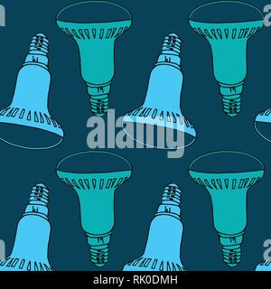 Hand drawn LED light bulbs vector pattern in blue colors palette Stock Vector