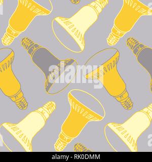 Hand drawn LED light bulbs vector pattern in yellow and gray colors palette Stock Vector
