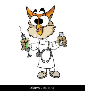 illustration of a doctor owl holding a syringe and medicine in his hands Stock Vector
