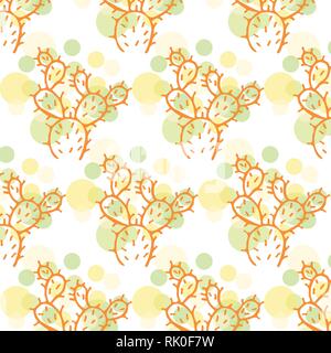 Cactus and bubbles vector pattern in green, yellow and orange color palette on a white background Stock Vector