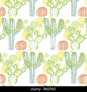 Cactus and bubbles vector pattern in green, yellow and orange color palette Stock Vector
