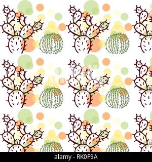 Cactus and bubbles vector pattern in green, yellow, dark red and orange color palette Stock Vector
