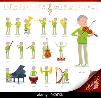 A set of old men in sportswear on classical music performances.There are actions to play various instruments such as string instruments and wind instr Stock Vector