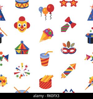 Digital vector carnival and circus simple icons, flat style seamless pattern infographics Stock Vector