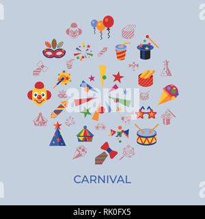 Digital vector carnival and circus simple icons, flat style infographics Stock Vector