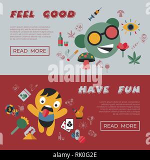 Digital vector having fun freaks and drugs simple icons, flat style infographics Stock Vector