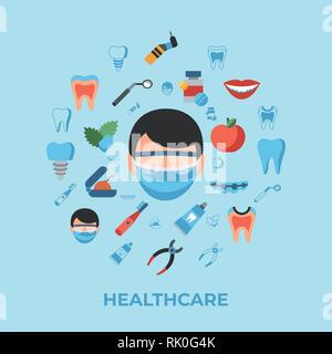 Digital vector dentistry and healthcare simple icons, flat style infographics Stock Vector