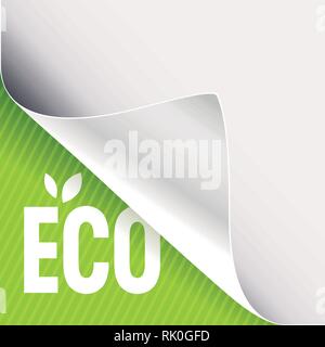 Curled corner of white paper on a green left bottom angle background. Eco slogan sign with leaves. Vector illustration. Stock Vector