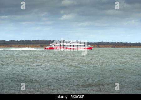 The Red Funnel Ferries, REDJet 7, Hi-Speed Catamaran Enroute From Southampton To The Isle Of Wight, United Kingdom. Stock Photo