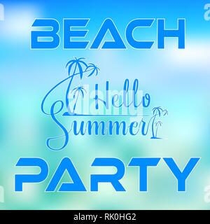 Hello Summer typography with palm trees on island and blurred sea colored background for poster or flyer design Stock Vector