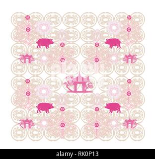 seamless pattern with Chinese zodiac the year of Pig Stock Vector