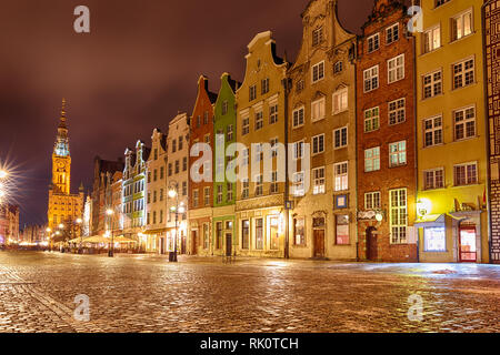 Long Market street in Gdansk, view on the Town Hall and the colourful facades, evening lights, no people Stock Photo