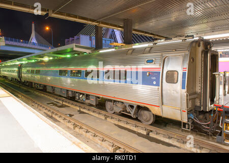 Amtrak Amfleet I Cafe car at night in North Station, Boston, Massachusetts, USA. Stock Photo