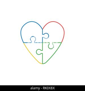Flat design style vector illustration concept of heart-shaped jigsaw puzzle pieces symbol icons connected on white background. White and colored outli Stock Vector