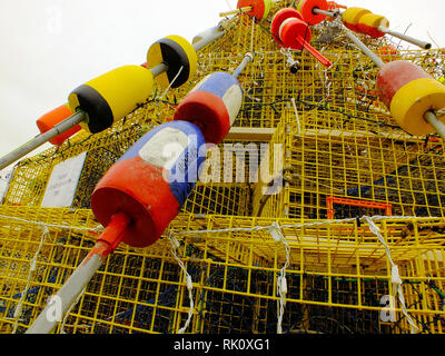 Colorful buoys on a stack of lobster traps Stock Photo