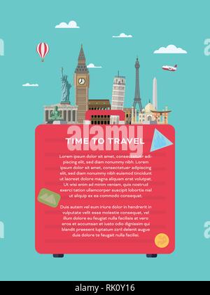 Vector layout template with illustration of international landmarks on suitcase Stock Vector