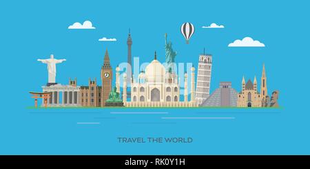 Travelling to world famous landmarks vector banner illustration Stock Vector