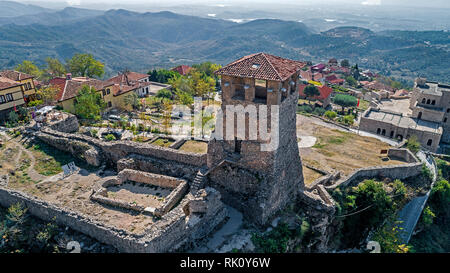 Drone aerial view on with ruins of Kruje castle in Albania Stock Photo