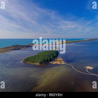 Drone aerial view on  isolated Monastery of Saint Mary on Zvernec island (Narta Lagoon, Vlore, Albania) Stock Photo