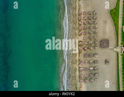 Bird's eye view of colored umbrella in a beach in Pomorie Bulgaria Stock Photo